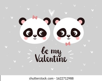 Two little faces of pandas are looking at each other among hearts on a gray background. Vector greeting card with animals and text on a pink background.