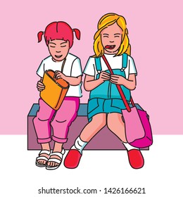 Two little fashion girls sit next, vector illustration