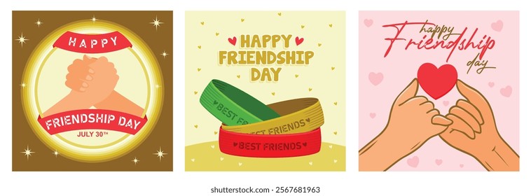 Two little fingers interlocked. Heart symbol between two thumbs. Friendship Day concept. Set flat vector illustration.