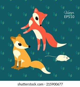 two little foxes playing with a mouse