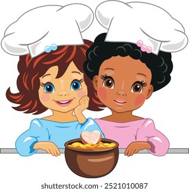 Two little friends love to cook together. Vector
