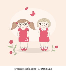 Two little funny girls. Best friends. Vector