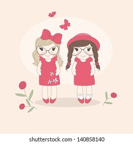 Two little funny girls. Best friends. Vector