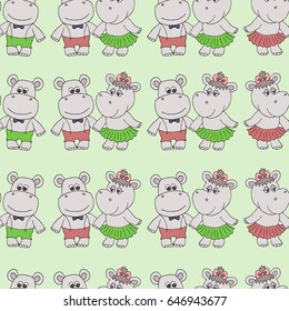 Two little funny hippopotamuses. Seamless pattern on light blue background.