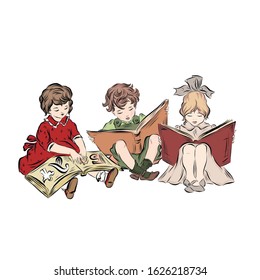 Two little girls and boy read books sitting on the floor together. Infant age. Clever kids. 