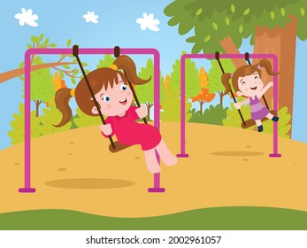 Two little girls cartoon character playing on the swing at the park