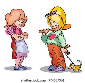 Two little girls chatting, dressed in different styles