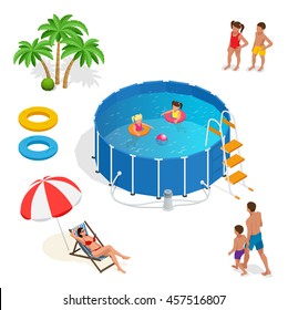 Two Little Girls Deftly Swim In Pool, Palms, Girl And Boy, Father, Mather, Summer Vacation Concept. Portable Plastic Swimming Pool Isometric 3d Vector Illustration. 