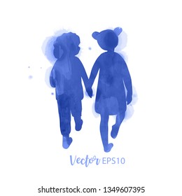 Two little girls friends holding hands each other. Concept friendship. Watercolor style. Vector illustration