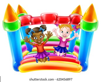 Two little girls having fun jumping on a bouncy castle