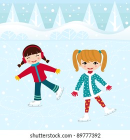 Two little girls ice skating