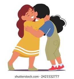 Two Little Girls, Inseparable Companions, Embrace Tightly In A Warm Hug, Their Radiant Smiles Reflecting The Pure Joy Of Friendship And The Magic Of Shared Moments. Cartoon People Vector Illustration