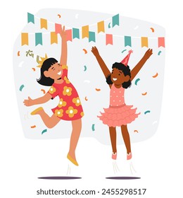 Two Little Girls Jumping In The Air At A Birthday Party With Happy Gestures. Characters Giggling, Arms Raised, Leap Joyfully Mid-air, Eyes Sparkling With Birthday Bliss Amidst Colorful Festivities