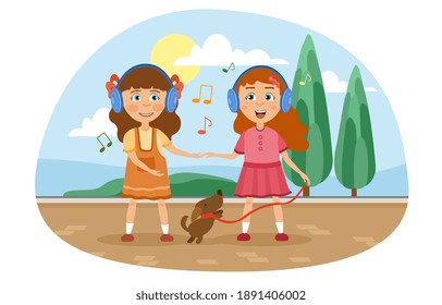 Dos niñas pequeñas escuchando música en auriculares estéreo mientras caminan al perro en un parque de verano cantando junto a las melodías, dibujos animados de colores ilustraciones vectoriales