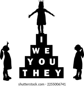 Two little girls look and point a finger at another girl with a crown on her head. Concept of childish selfishness and self-love. Vector Silhouette