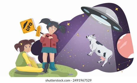 Two little girls next to a warning sign, against the background of a UFO that kidnaps a cow flat illustration