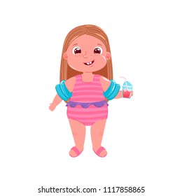 Two little girls on the beach. Hello summer. Bracers and cocktail. Vector cartoon illustration