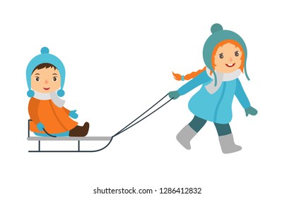 Two little girls on a winter walk, girl sledding her little sister. Winter leisure activities flat colorful vector Illustration. Cartoon characters isolated on white background.