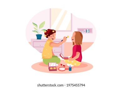 Two little girls playing with beauty toys. Cute kids. Toy women's accessories.