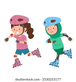 Two little girls playing roller skate together