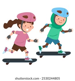 Two little girls playing skateboard together