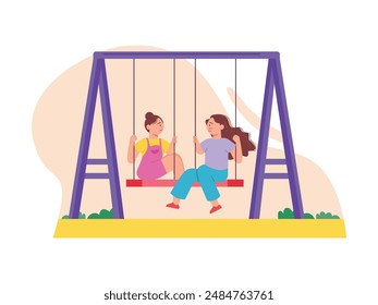 Two little girls are playing swing together and having a conversation, kids playground park. Character design. Vector flat illustration