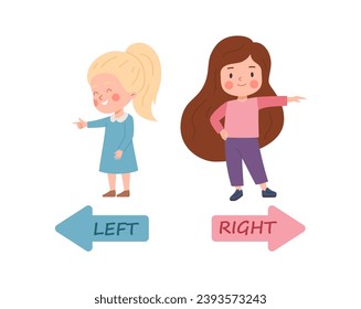 Two little girls point fingers to left and right sides with navigation arrows. Kids show hand gesture to various directions. Isolated flat vector illustration characters with signs.