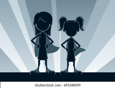 Two little girls posing like superheroes in front of light.