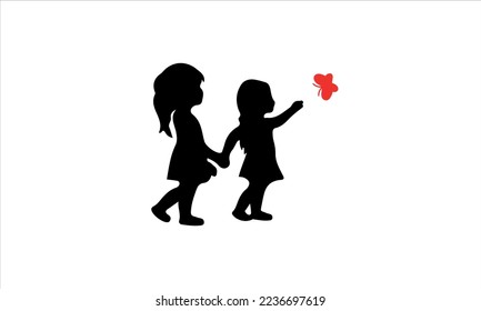 
two little girls and a red butterfly