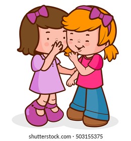 Two little girls share secrets, whispering, talking and laughing. Vector illustration