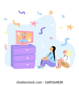 Two little girls study online, sitting at home. Online education and teaching courses. Vector flat cartoon illustration