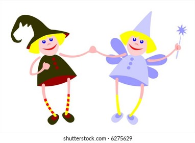 Two little girls in suits of a witch and the fairy keep for hands. Halloween illustration.