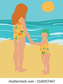 Two little girls in swimsuits on the beach. Abstract image with children on the sea background. Summer holiday illustration on the sea coast.