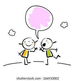 Two little girls talking, speaking and listening, with a speech balloon. 