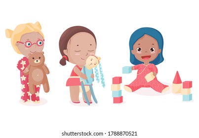 Two little girls and toddler play toys. Afro-American kid builds tower from bricks. Children with happy faces hug their soft rabbit and teddy bear. Vector illustration. Isolated objects.