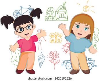 two little girls. Vector graphics