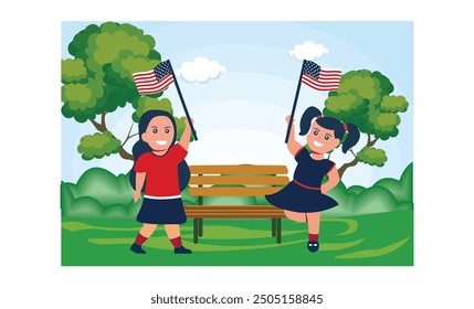 Dos niñas agitaron banderas estadounidenses afuera. Celebrando el Día de la Independencia Americana. Ilustración vectorial plana.