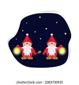 two little gnomes at night with flashlights and a shovel