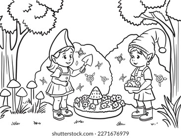 Two little gnomes planting flowers in the garden coloring book