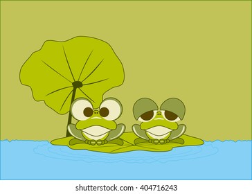 Two Little Green Frogs Rest on Lotus Leaf