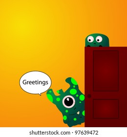 Two little green monsters opening the door and greeting