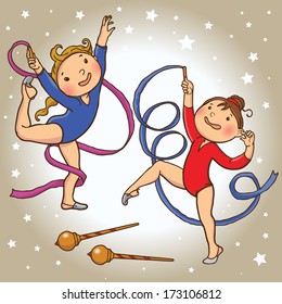 Two Little gymnasts with ribbons.Children illustration for School books, magazines, advertising and more. Separate Objects. VECTOR.