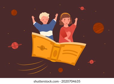 Two little happy kids are flying on the book on brown background. Concept of little children using their imagination while reading adventure book. Flat cartoon vector illustration