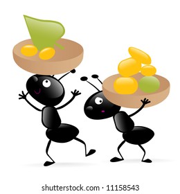 two little hardworking ants carrying their food vector illustration isolated on white