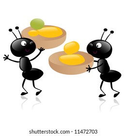 two little hardworking ants carrying their food vector illustration isolated on white