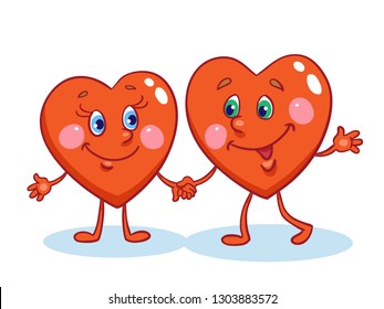 Two little hearts stand hand in hand. In cartoon style. Isolated on white background. For Valentine's day. Vector illustration.
