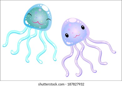 Two little kawaii funny cartoon jellyfish