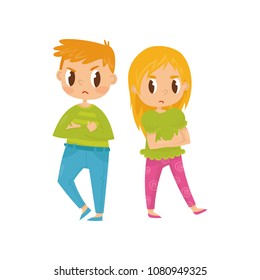 Two little kids, boy and girl with crossed arms and angry facial expressions. Brother and sister in quarrel. Flat vector design
