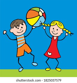 Two little kids, boy and girl with beach ball, funny vector illustration