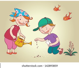 Two Little Kids Children Planting Flowers Seeds. Children Summer Activity Ideas.Children Illustration For School Books And More. Separate Objects.